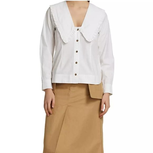Ganni Tops - Ganni pilgrim Wide Ruffle-Trimmed Collar organic Cotton Poplin Shirt Sz  32/S